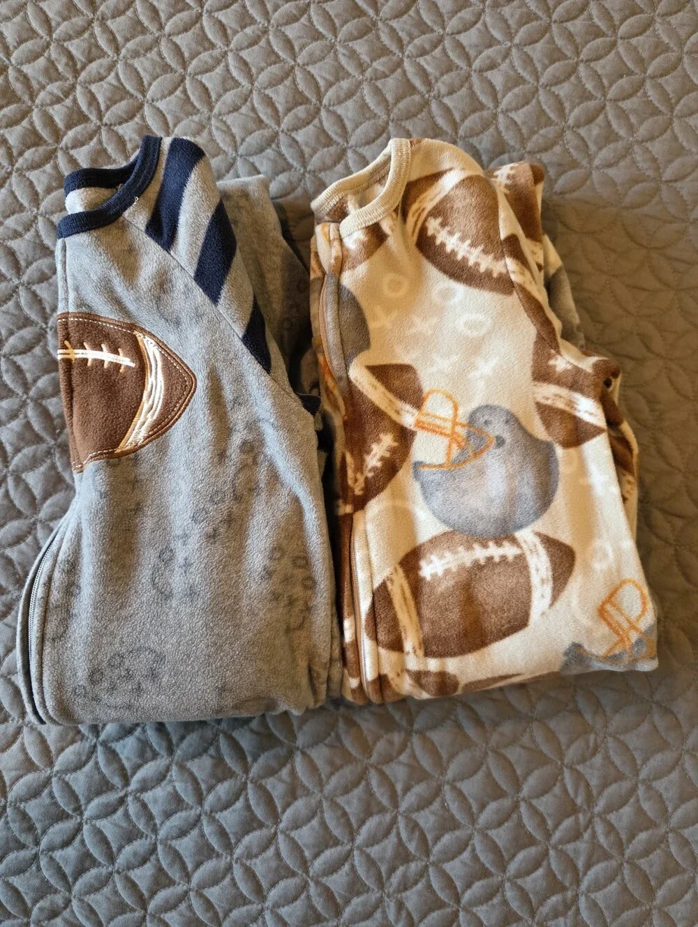 Toddler Football Themed Full Zip Up Footie Fleece Pajamas, 5T, Blue, Gray, Brown